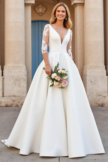 Ivory A Line V Neck 3/4 Sleeve Wedding Dress